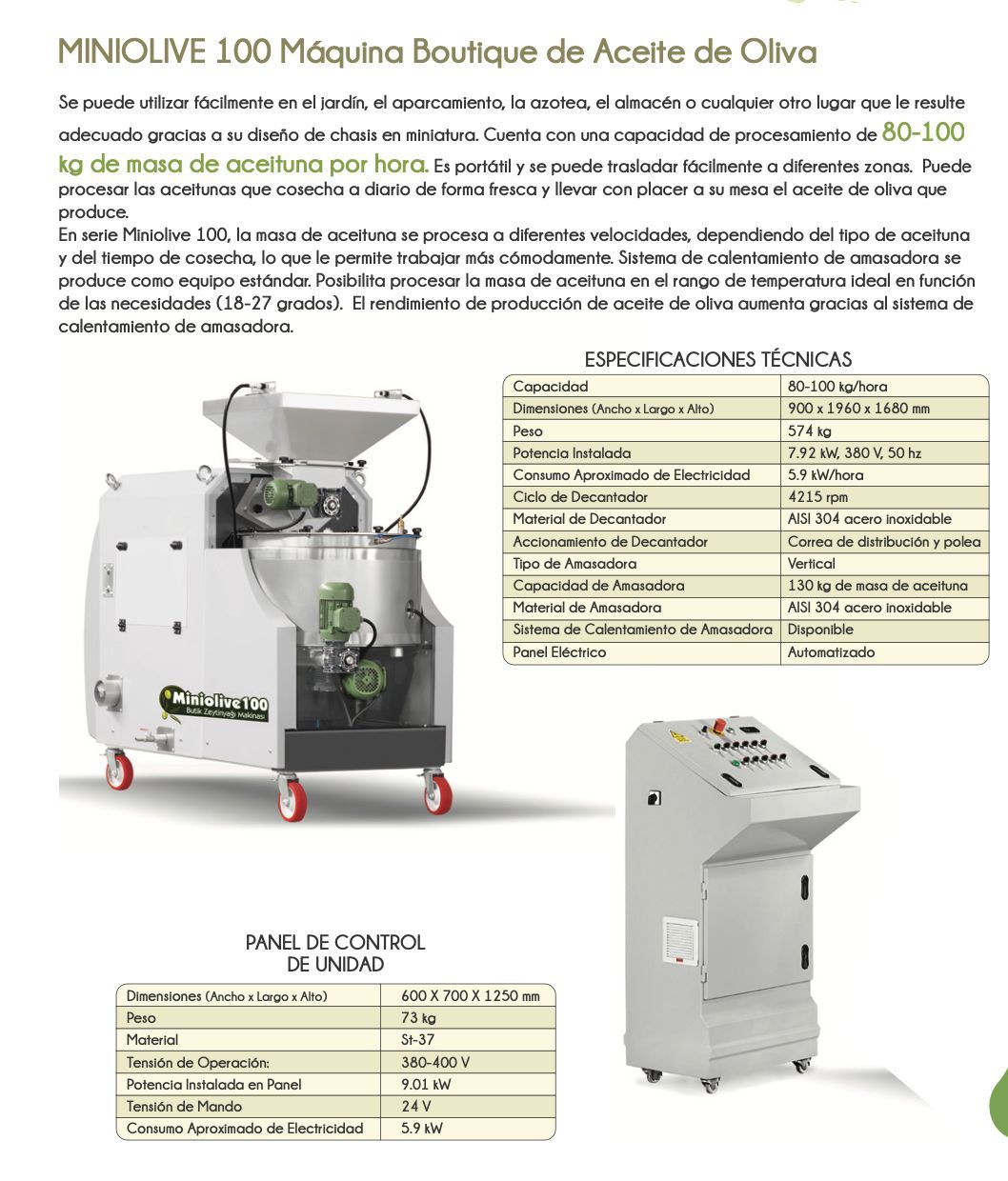MINIOLIVE 100 Kocamaz especificaciones