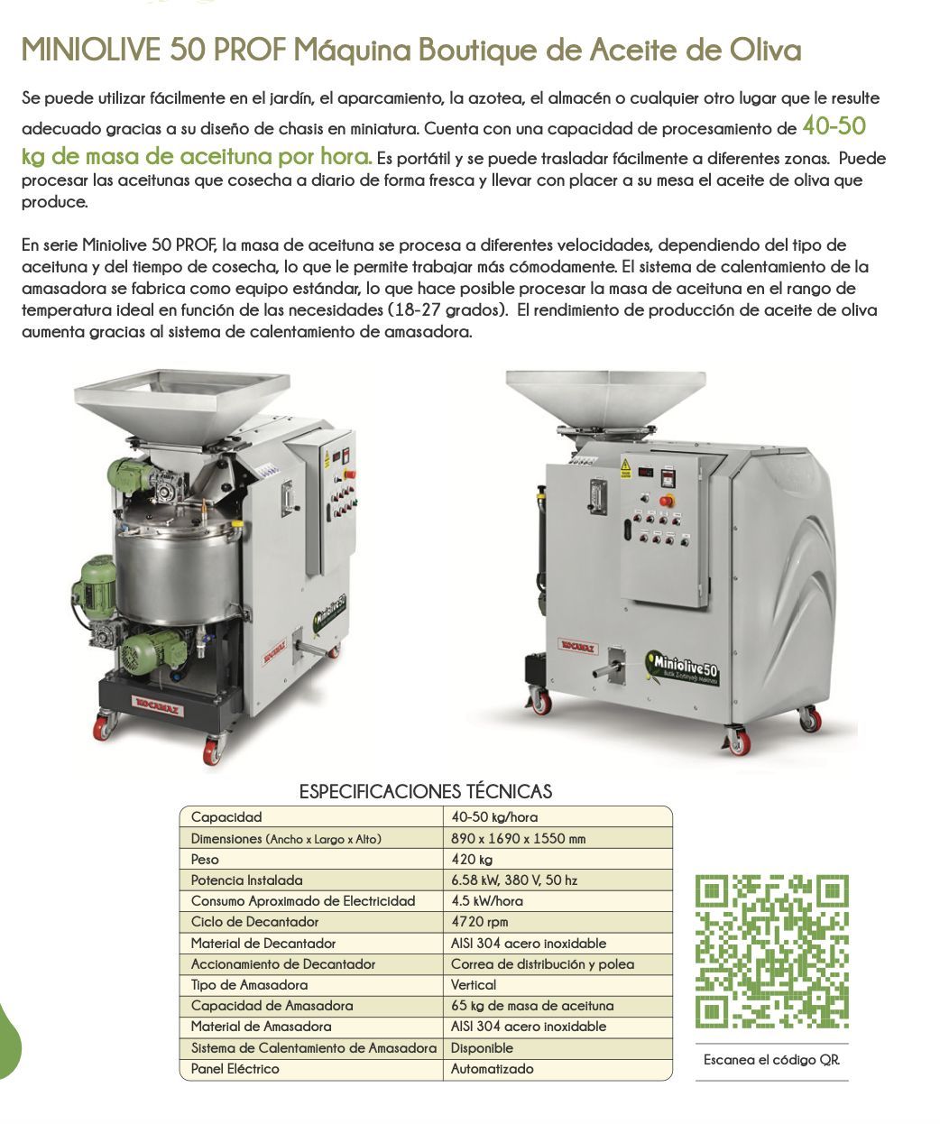 MINIOLIVE 50 PROF Kocamaz especificaciones