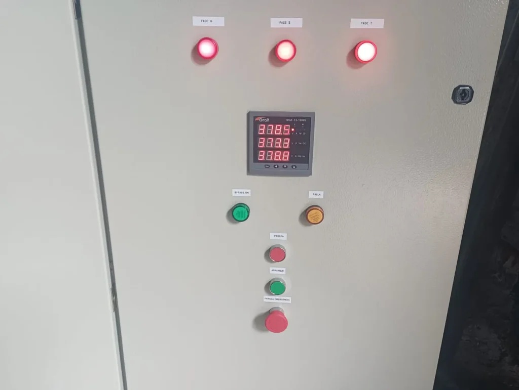 Frente de tablero de control con analizador de red, pilotos y pulsadores de marcha y parada